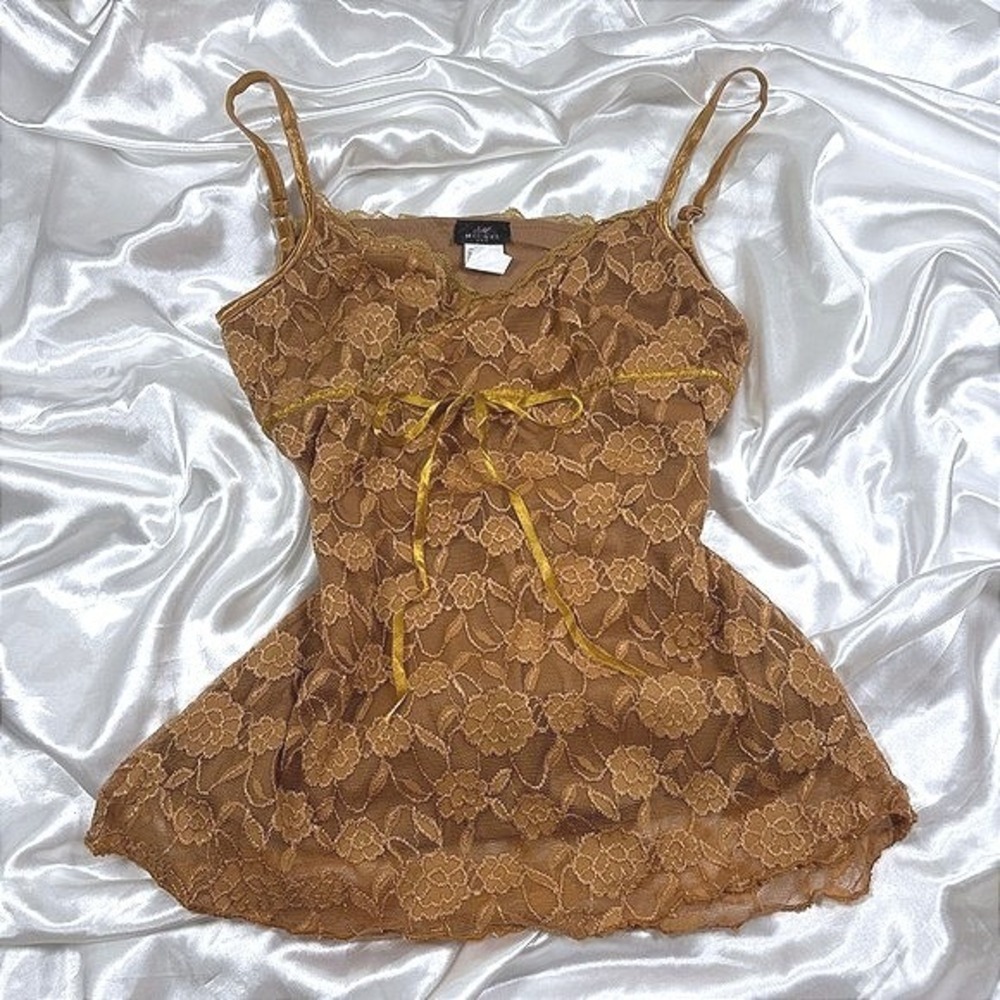 y2k Michel USA Lace Camisole Brown Empire Waist Ribbon Bow Top 97320